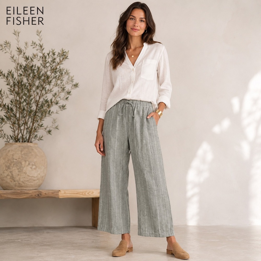 EILEEN FISHER Women's SMALL P Pants Hemp Organic Cotton Wide Leg Stripe R18LVG